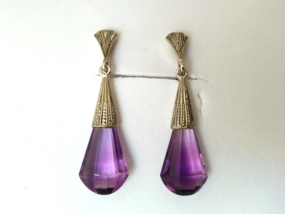 ANCIENNES BOUCLES D'OREILLES ART DÉCO OR 14K AMÉTHYSTE BRIOLETTE 585 earrings - Photo 2/4