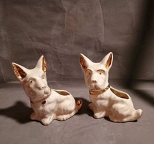 Pair Of Adorable White  Gold Scottish Terrier Planter Figurines "Scottie Dog"