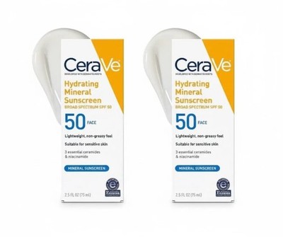 2 Stück CeraVe feuchtigkeitsspendender 100 % mineralischer Sonnenschutz LSF 50 Mineral 75 ml Hautpflege UK