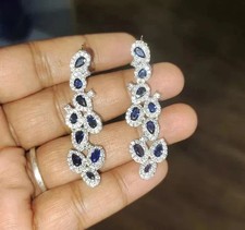 2Ct Pear Cut Lab Created Blue Sapphire Drop Dangle Earring 14K White Gold Plated