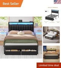 Elegant Queen Bed Frame with Charging Station and LED Lights, Grey Upholstered