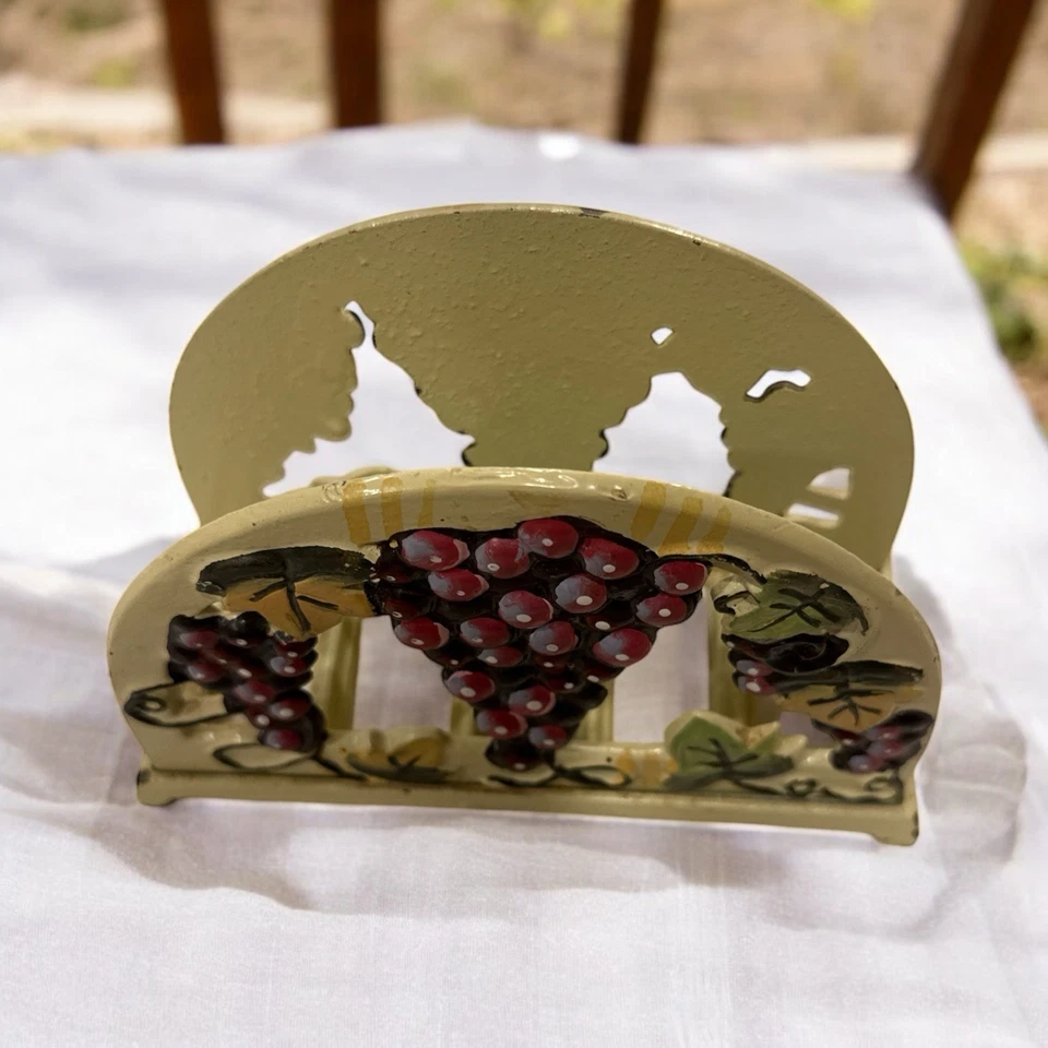 Cast Iron Trivet Round Pot Grapevine Grapes Hand Painted + Napkin Holder Setof 2 - Image 4 of 4