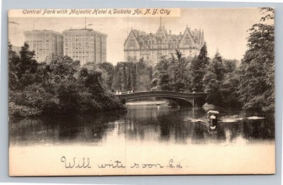 1906 Central Park NYC Majestic Hotel Dakota Apt Bow Bridge Postcard Posted