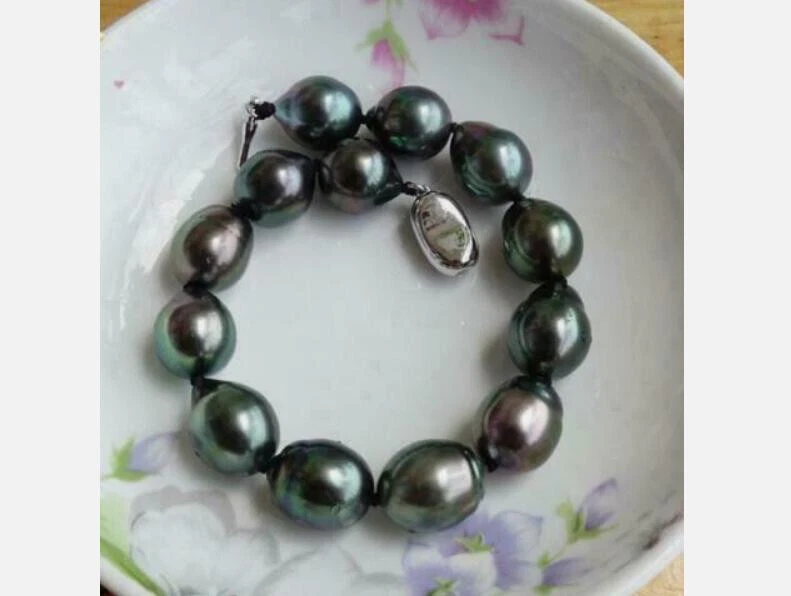 Огромный AAA 7,5-8 «12-15 мм натуральный таитянский подлинный черный зеленый жемчуг браслет 925 - Изображение 4 из 4