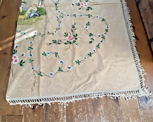 Antique Romantic Hand Painted Bed Coverlet from Italy Bedspread Textile Tapestry - Picture 11 of 24