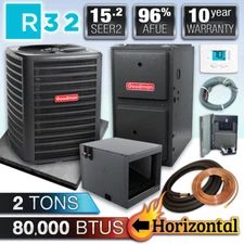 Goodman Horizontal 2 Ton AC & Gas Furnace System, 15.2 SEER2 80K BTU 96% AFUE