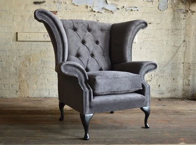 HANDMADE SLATE GREY VELVET CHESTERFIELD WING ARMCHAIR, FABRIC HIGH BACK
