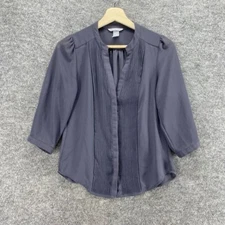 H&M Shirt Women 2 Gray Button Up V-Neck Pleated 3/4 Sleeve Breathable Casual