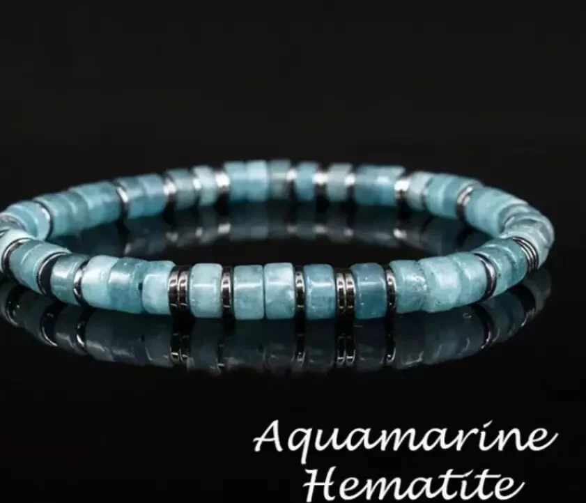 Pulseira feminina elástica genuína água-marinha hematita cristal frisado cura Reiki - Imagem 3 de 4