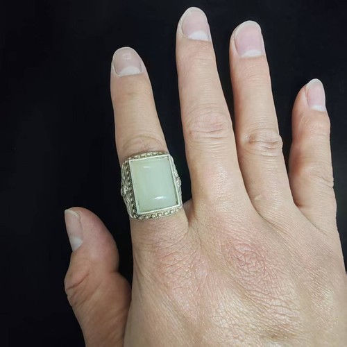 China Antique Rings Chinese Retro Craft Made Old Tibetan Inlaid White Jade Ring - Picture 13 of 21