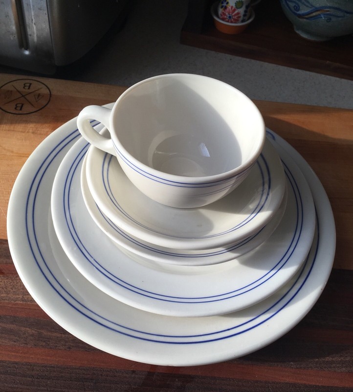 Diner China Coffee Mug Cup Plate White With Blue Stripes Restaurant Ware 5 Piece