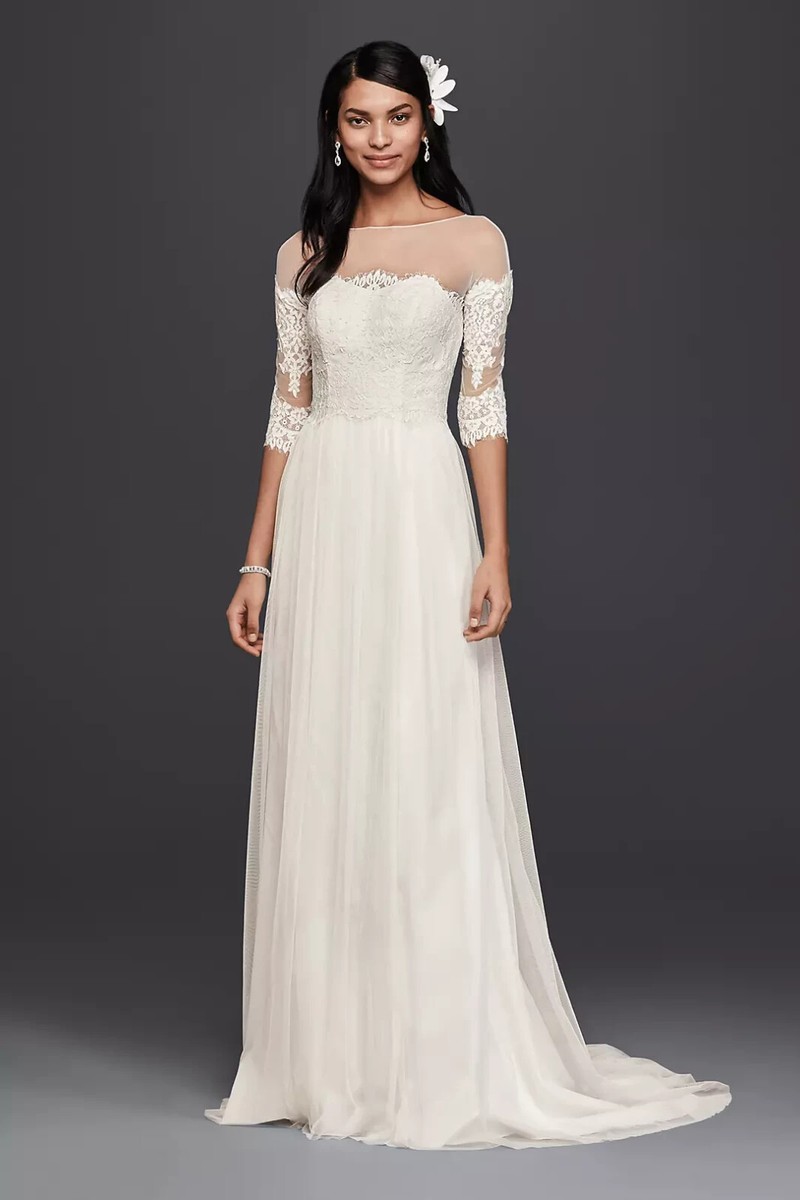 Galina Size 0 Ivory Wedding Dress Illusion Bodice w/Lace Sleeves STYLE#  WG3817