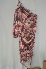 PRETTYLITTLETHING Women's brown satin floral one sleeve midi dress UK size 12