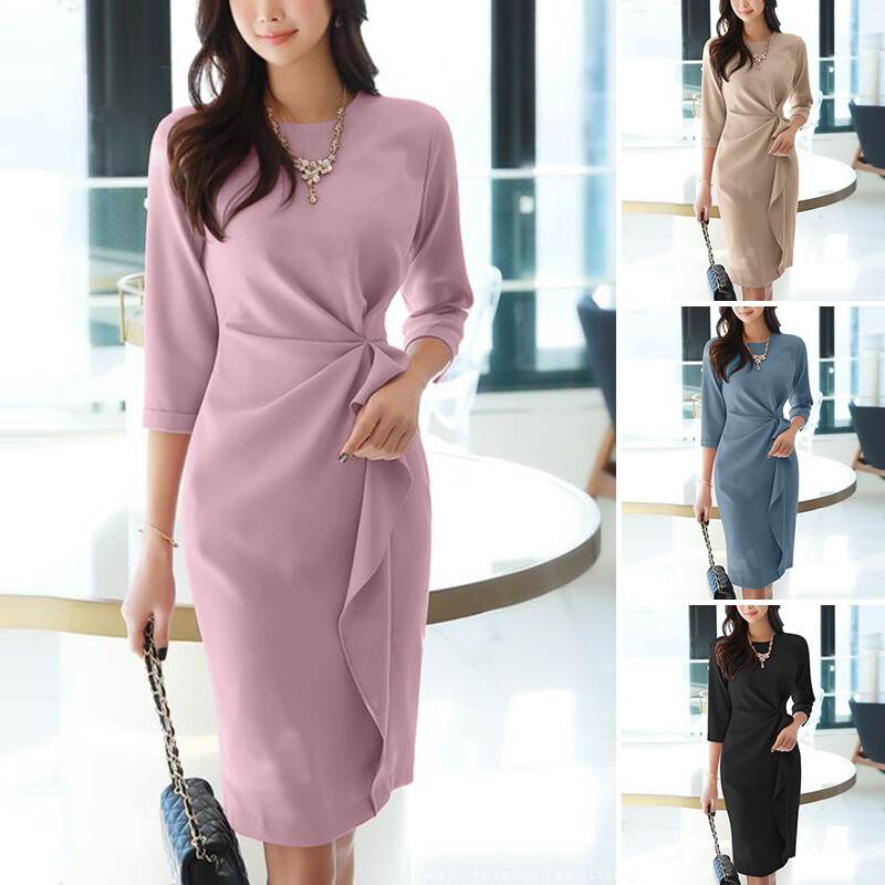 UK Womens Long Sleeve O Neck Slim Bodycon Midi Dress Ladies Formal Work |  eBay