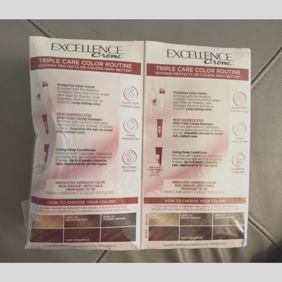 NUEVO EN CAJA Loreal Excellence Crema Color de Cabello 5RB Paquete de 2 Gris Cobertura Rojo Marrón Hágalo Usted Mismo  Foto 3 de 4