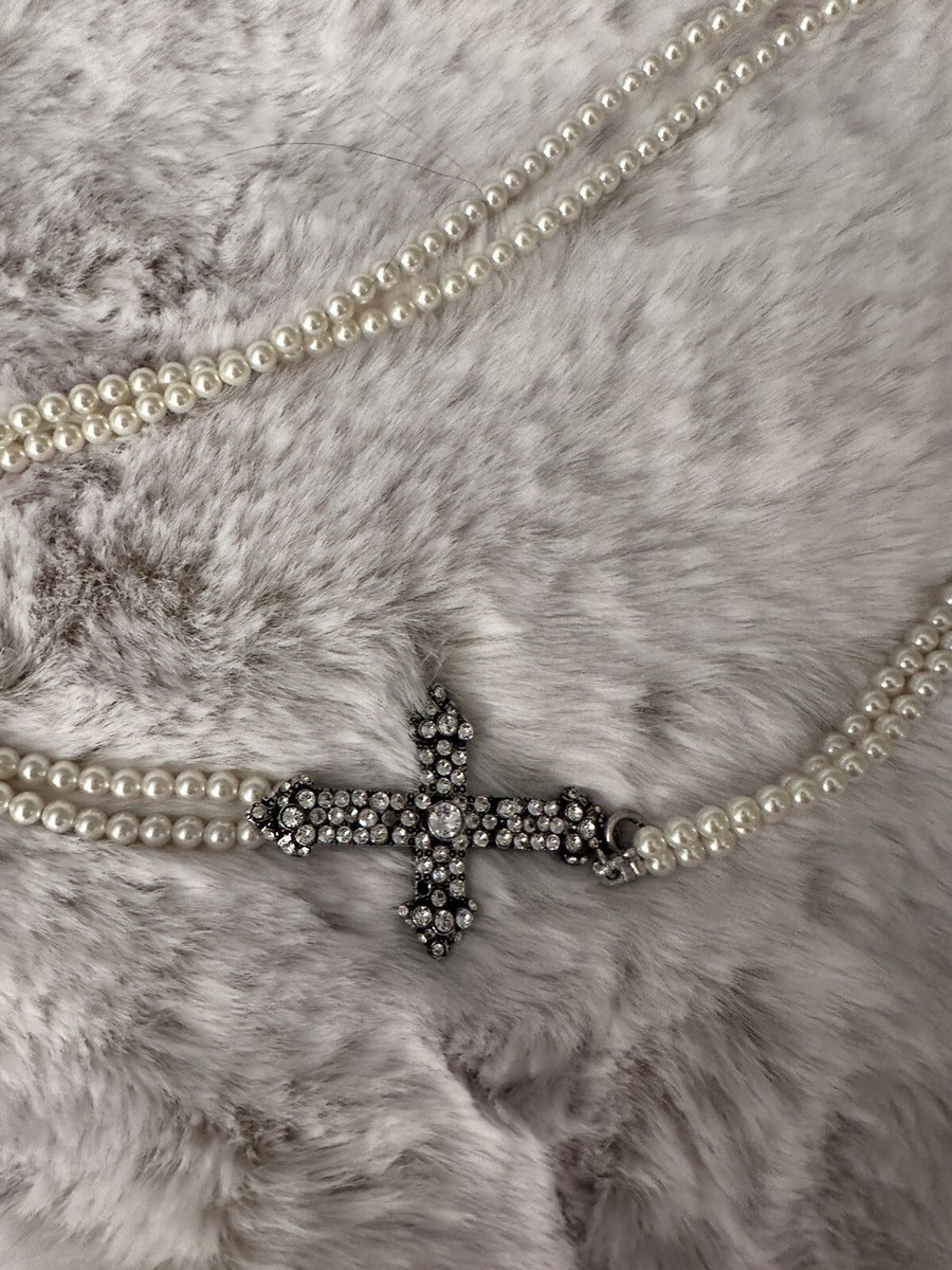 Saint Laurent YSL Double Row Pearl Crystal Cross Necklace | eBay