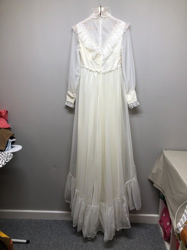 Vintage Wedding Dress Ivory 1970s Maxi High Neck Sheer Sleeves Cottagecore UK 10 - Picture 11 of 24