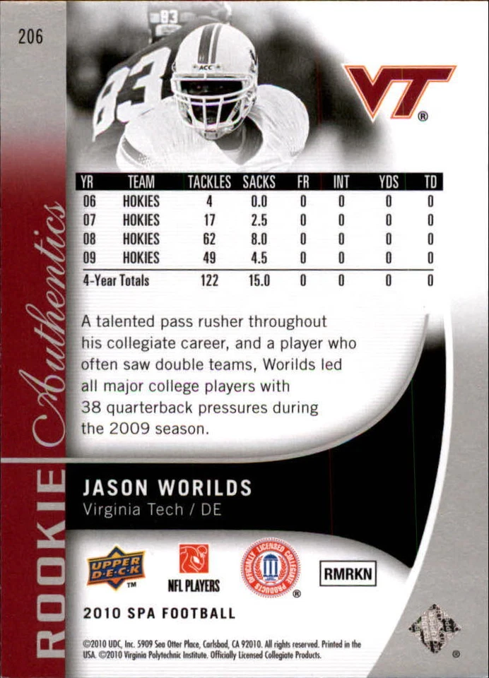 B2917- 2010 SP Authentic #206 Jason Worilds RC /999 SAMPLE PIC - Image 2 of 2