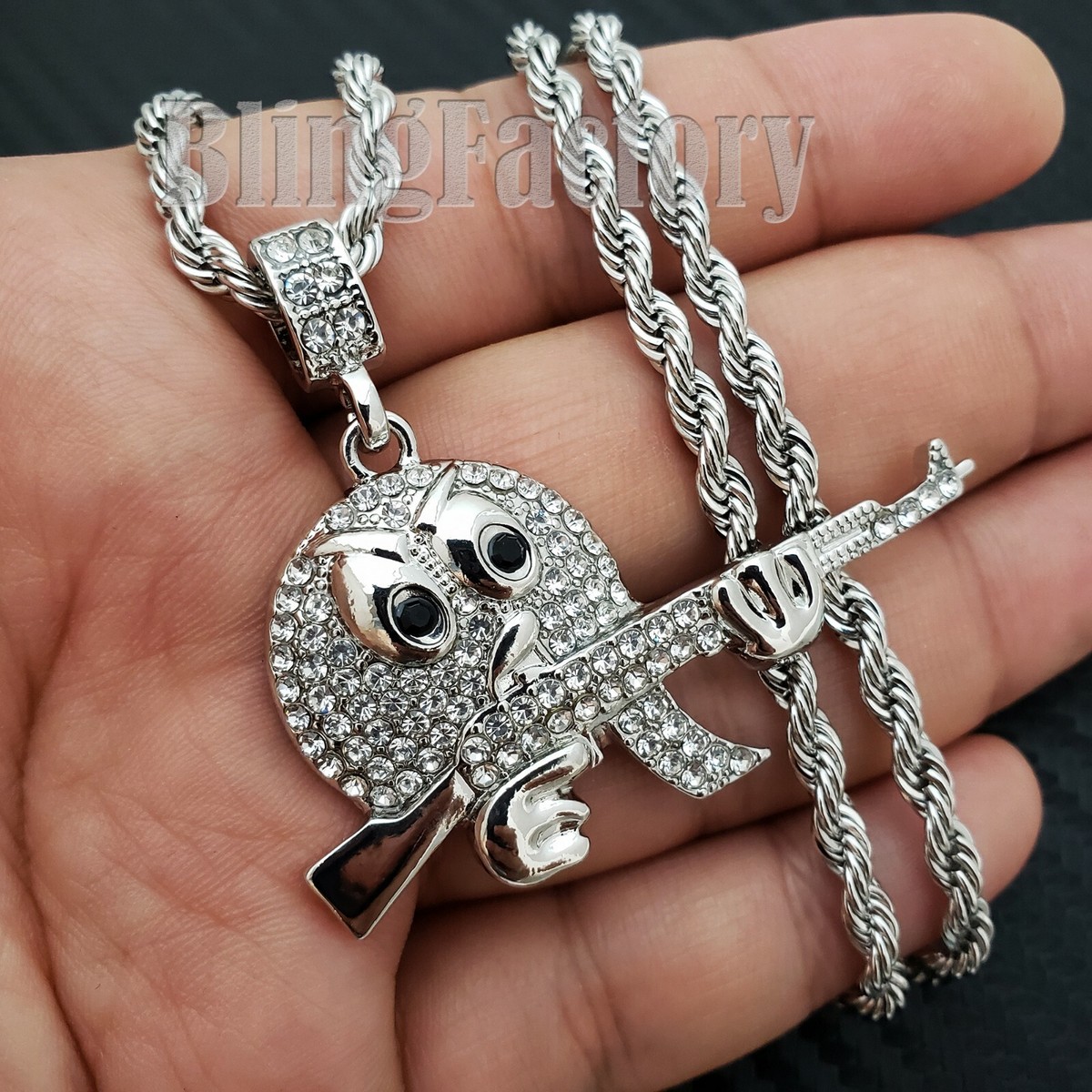 Iced Hip Hop Silver PT Emoji AK47 Gun Pendant & 24