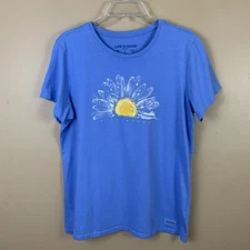 Life is good Shirt Womens Large Blue Floral Daisy Short Sleeve Crew Crusher Tee