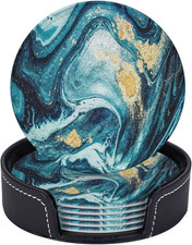 Coasters for Drinks,Round PU Leather Coaster with Holder,6 PCS Heat - Resistant