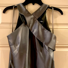 XSCAPE Francesca Satin Olive Halter tie neck Sz  6 Gown Lined floor length