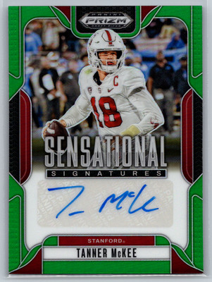 Tanner McKee 2025 Panini Prizm Draft Picks Sensational Green Prizm Auto SS-TMC