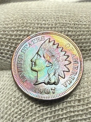1907 Indian Head Cent Penny, Lustrous Gem Au+ Red Hue Toned