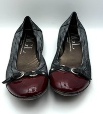AGL LEOMBRUNI BALLET FLATS BLACK SILVER HOUNDSTOOTH W MERLOT PATENT CAP TOE 37