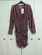 Zara Dress Size Small Brand New Burgundy Speckled Ruched Long Sleeve