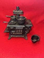 Vintage AAA Queen Cast Iron Oven Stove Toy Salesman Sample With Accessories