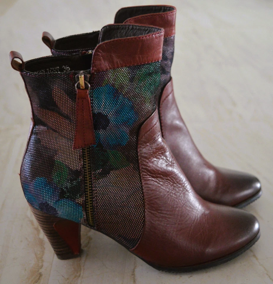 L’Artiste Moonlight Bootie 39 Botas Florales de Cuero Rojo Tacón Cómodo Paso de Primavera Foto 2 de 4