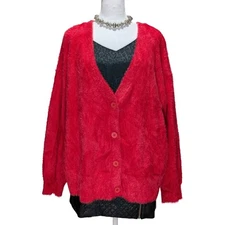 Abound Fuzzy Cozy Super Soft Glam Knit V-Neck Red Cardigan Sweater XL