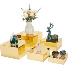 Acrylic Display Risers Set of 5 Gold Cube Box Stands for Jewelry Cosmetics