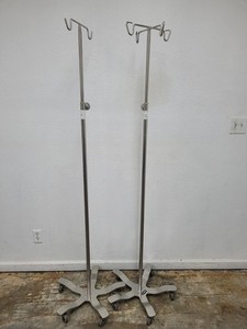 Lot of Two 5 Leg IV Pole Stainless W/ 2 Hooks & 4 Hooks 68"-116"