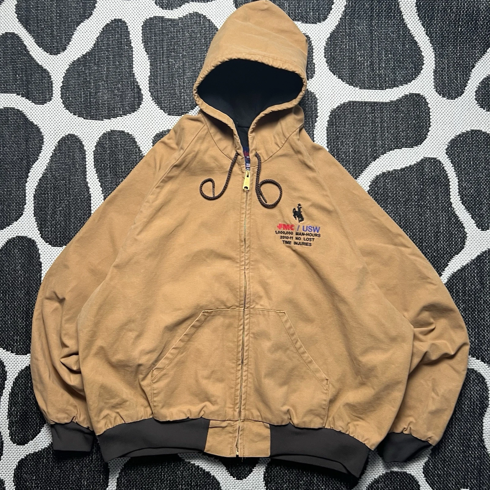 Vintage Thermal Lined Hooded Active Jacket 2XL XXL Tan workwear Made In USA