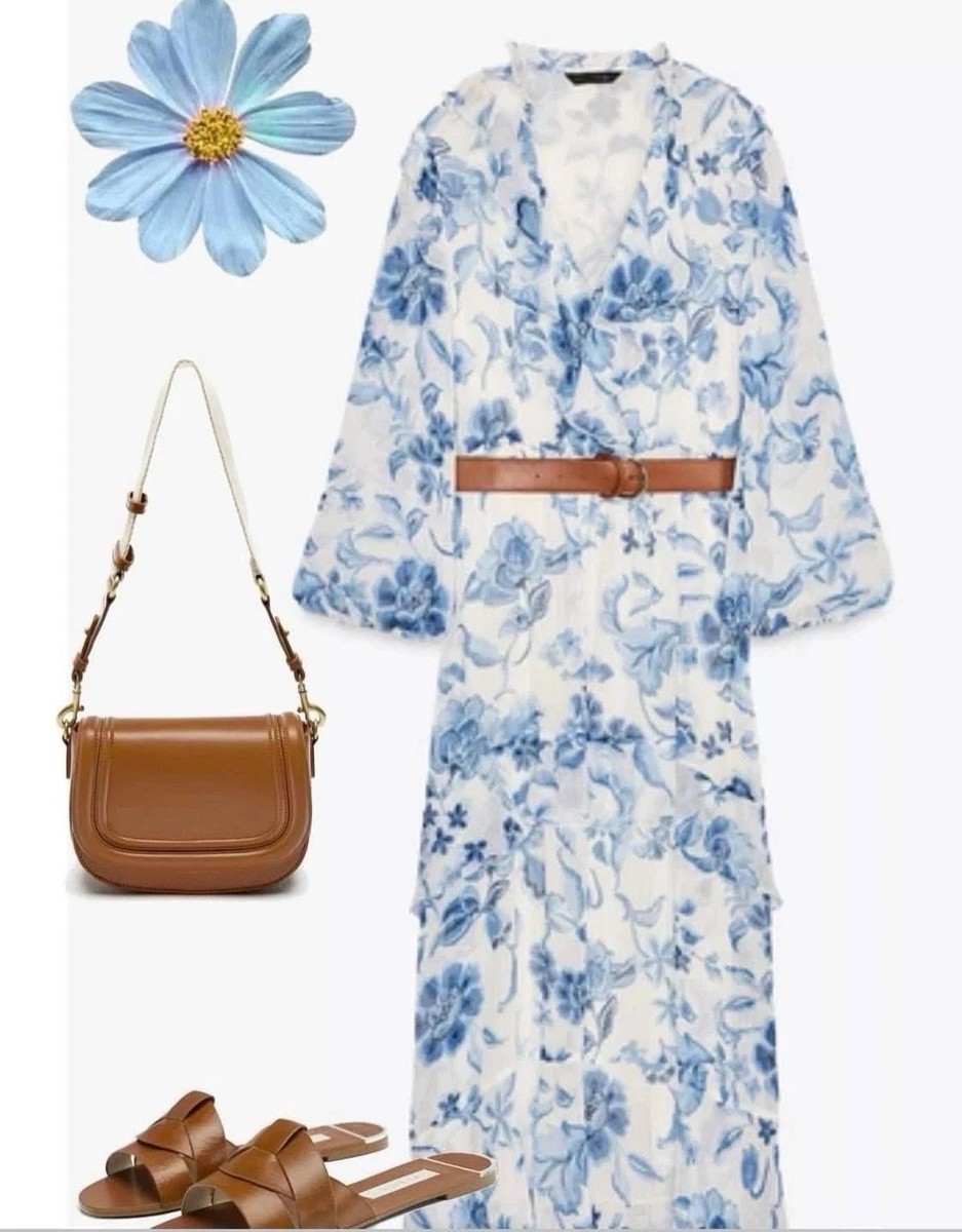 ZARA WOMAN BELTED DRESS WITH PRINT AND RUFFLES BLUE WHITE