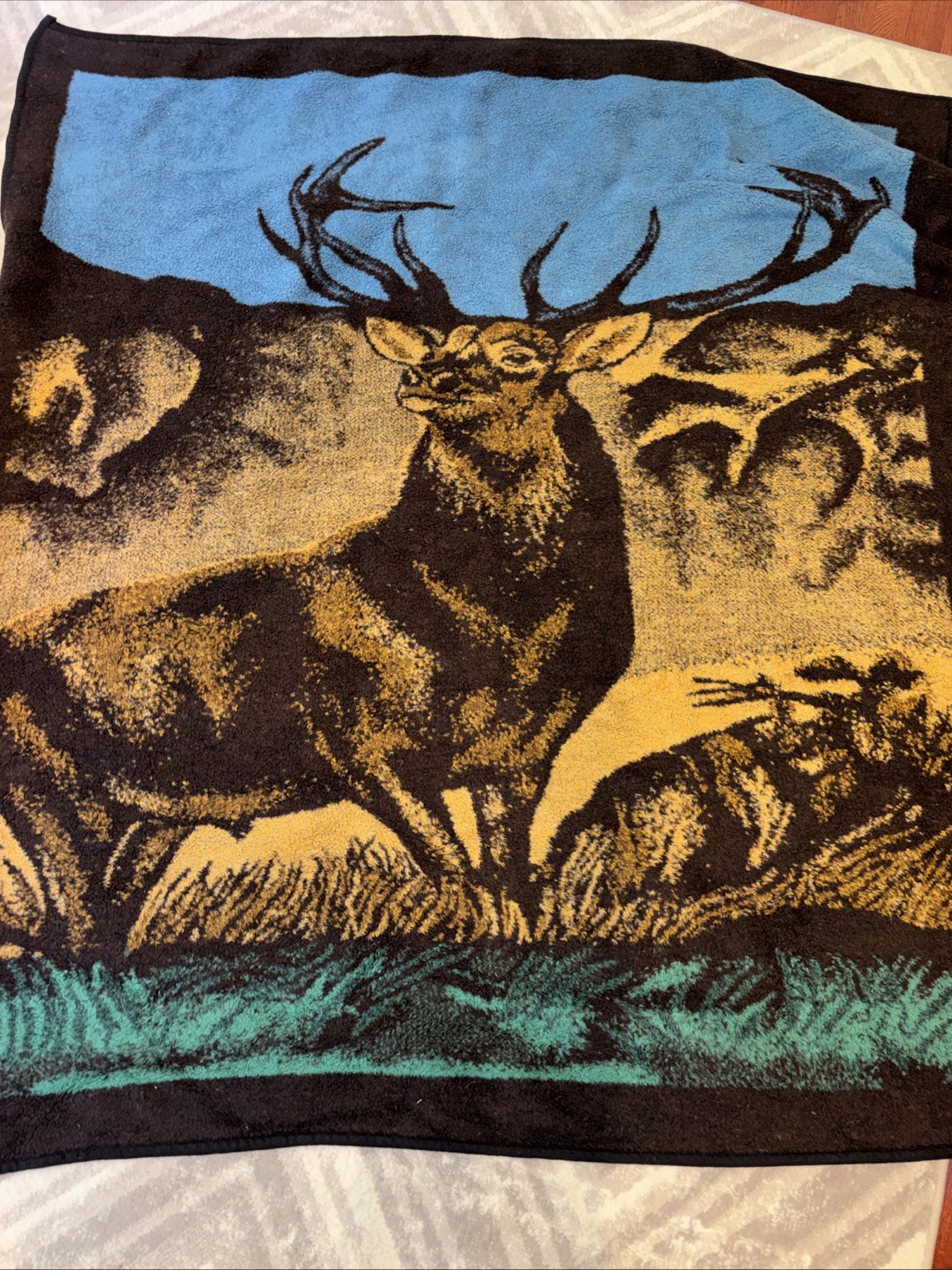 Hi Pile San Marcos Textil Throw Frazada Blanket Deer with Brown Blue Green 61x80