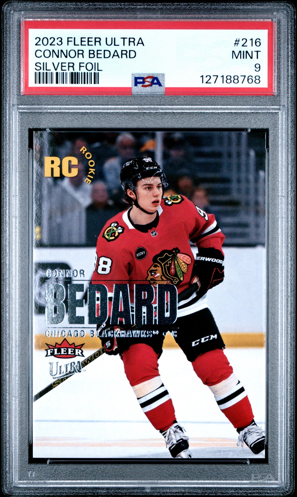 2023 FLEER ULTRA SILVER FOIL #216 CONNOR BEDARD ROOKIE RC PSA 9 view 1