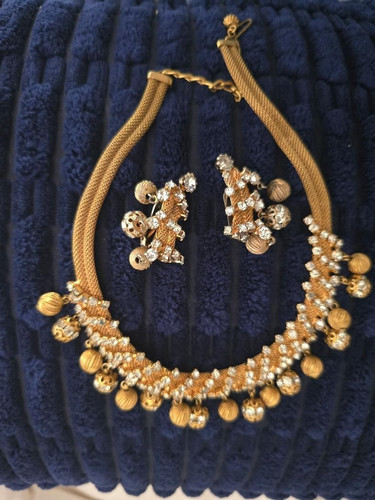Vintage aprox 1960's Hobe signed Gold Tone and Rhinestone necklace and earrings