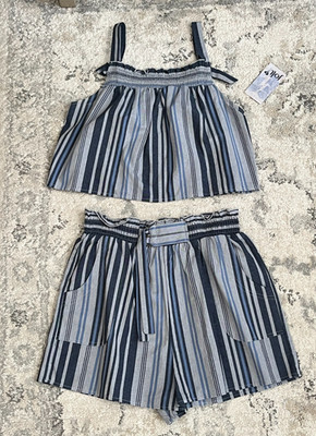 Jolt Blue Striped Sleeveless Spaghetti Strap Top and Shorts Set Women's L - NWT