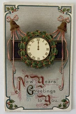 Antique New Year Greetings Postcard Clock Bells Midnight 1910 Embossed