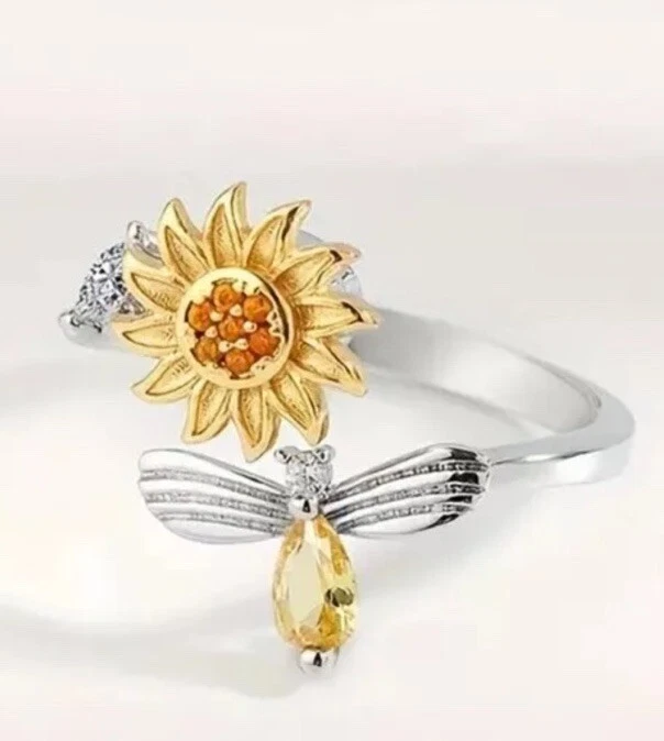 s-l1600 925 Sterling Silver Adjustable Anxiety Spinning Fidget Sunflower And Bee Ring