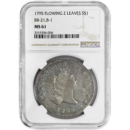 1795 $1 Flowing Hair Dollar, NGC MS61, B-1 BB-21 2 Leaves Rare Coin