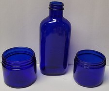 Vintage Lot Of 3 Cobalt Blue Jars, 2 Noxzema Jars And 1 - 8" Tall Bottle