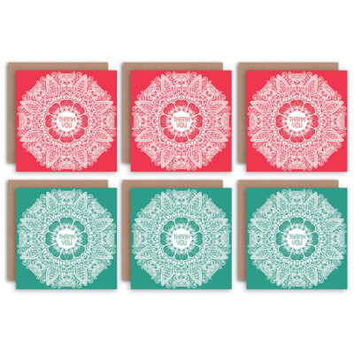 Dankeskarten x6 Mandala Muster Grün Rot Set (2 Designs) TYMIXPK001_CS