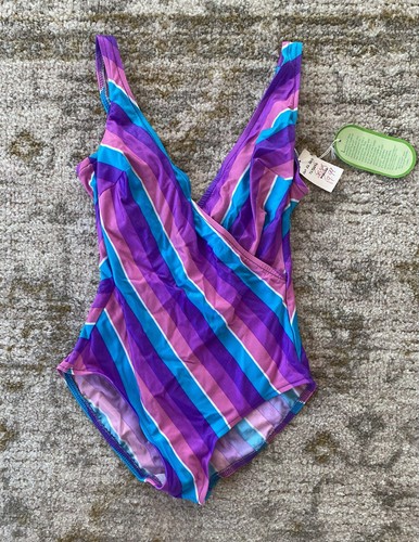 Vintage Pink Blue Purple Stripe V Neck One Piece Swimsuit NOS Union Made USA