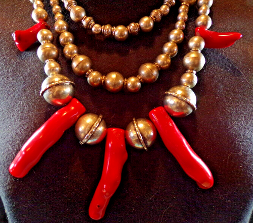 2175. Coral & Silver Bead 3 Strnd Necklace & Earrings, Bold Runway Style! - Picture 2 of 6