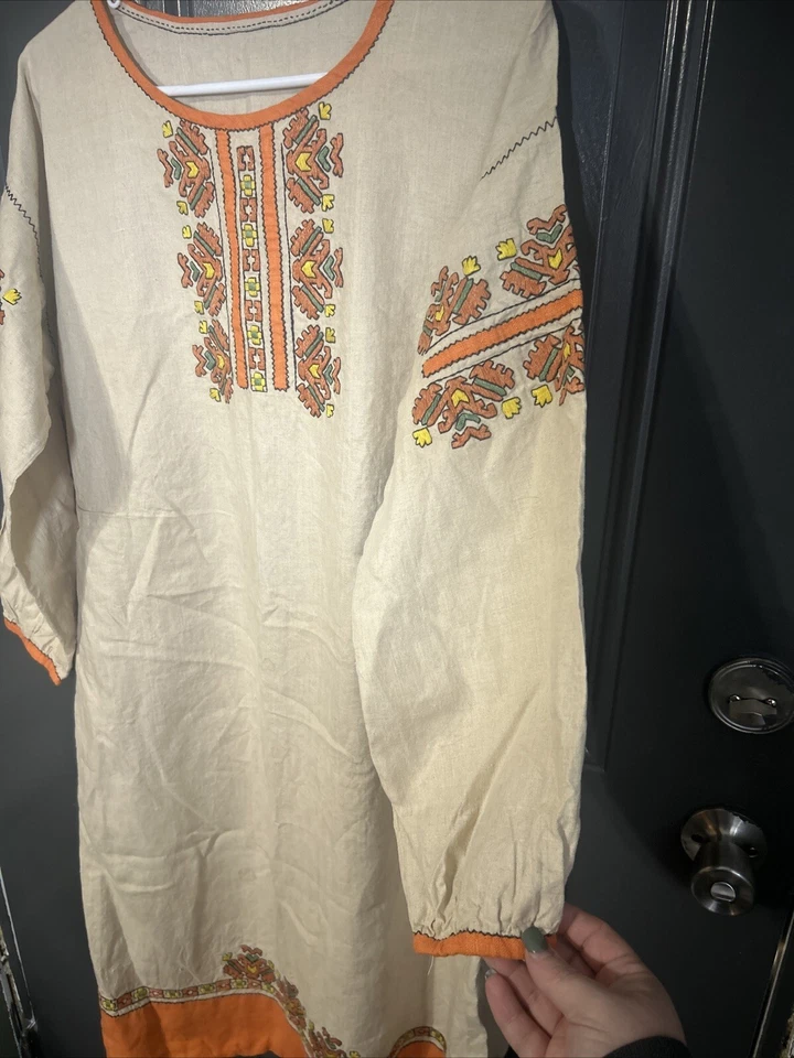 Maxi Vestido Vintage Étnico Boho Tribal Caftán Adornado Hecho a Mano Naranja y Verde Foto 4 de 4