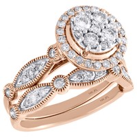 14K Rose Gold Diamant Braut Set Blume Verlobungsring + Ehering 1 Karat